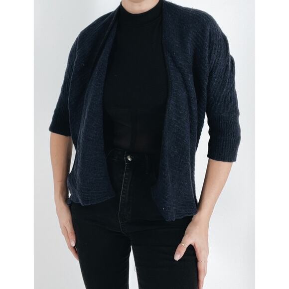 T Tahari Navy Wool Blend Quarter Sleeve Waterfall Cardigan Size Small - Picture 1 of 3